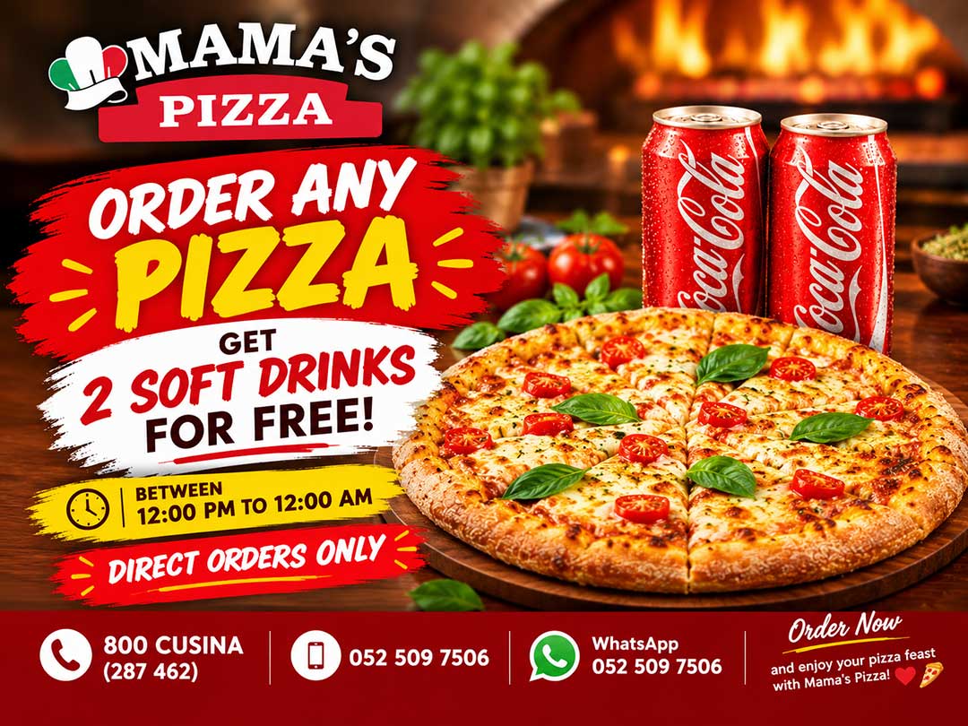Mama's Pizza promotion: a fresh margherita-style pizza with basil in an open pizza box next to two cold soft drink cans, with the text Order any pizza, get 2 soft drinks for free